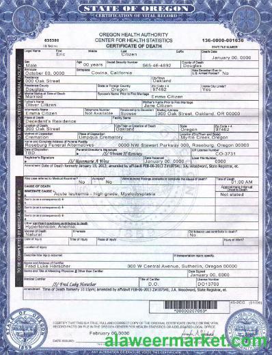 USA Oregon death cert